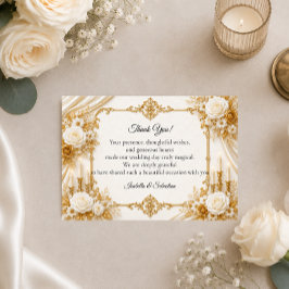Cartão De Agradecimento Elegância Atemporal Dourada de Marfim Casamento