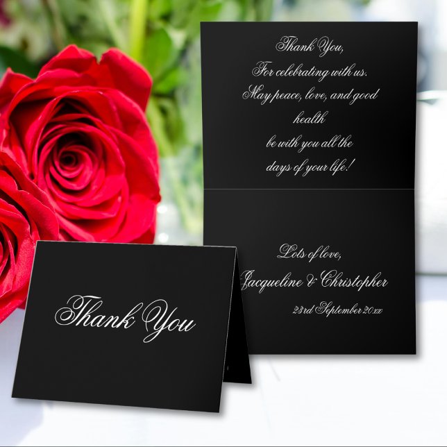 Cartão De Agradecimento Elegância clássica de script chic Na moda preto e  (Classic Elegance - Chic Script Stylish Black & White Thank You Card.)