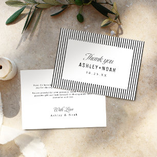 Cartão De Agradecimento Elegância Listrada Preto e Branco Casamento Clássi