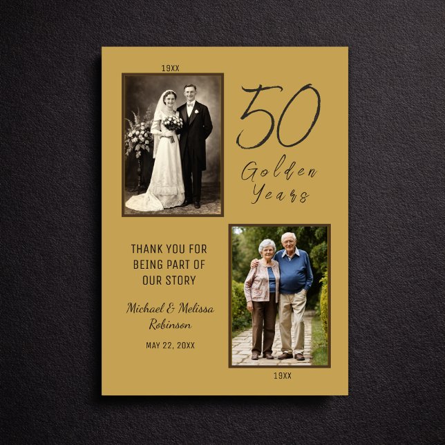 Cartão De Agradecimento Elegant 50th Anniversary Gold Photo Thank You (Clean flat lay view of gold 50th anniversary thank you card)