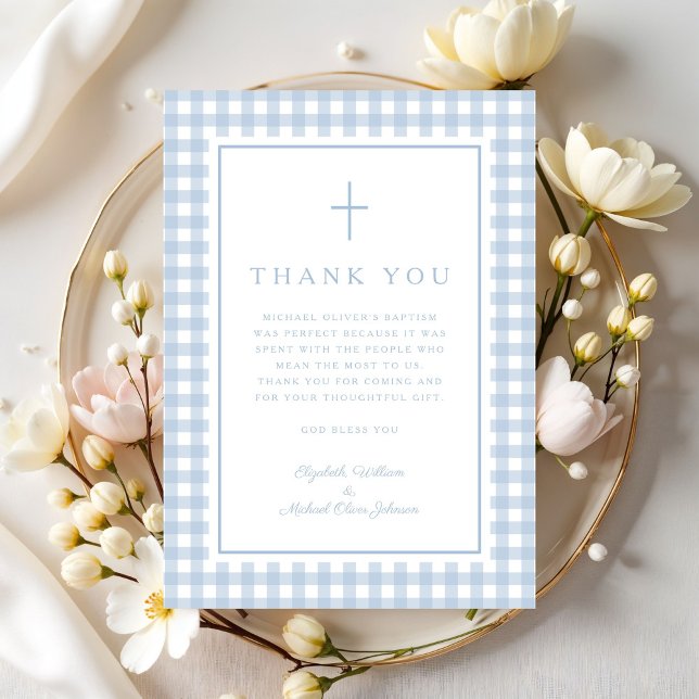 Cartão De Agradecimento Elegant Baby Blue Gingham Boy Baptism (Elegant Baby Blue Gingham Boy Baptism Thank You Card)