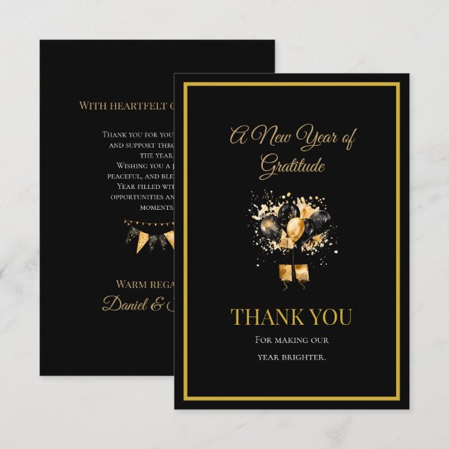 Cartão De Agradecimento Elegant Black And Gold New Year Thank You Card (Frente/Verso)