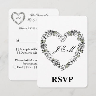 Cartão De Agradecimento Elegant Black and White Floral Heart Wedding RSVP 