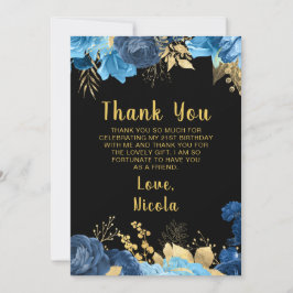 Cartão De Agradecimento Elegant Blue and Gold Flowers Birthday Party