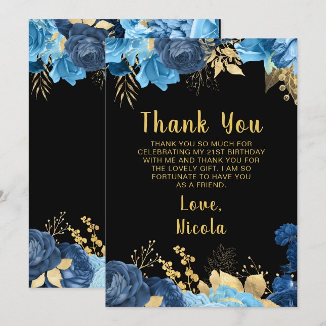 Cartão De Agradecimento Elegant Blue and Gold Flowers Birthday Party (Frente/Verso)