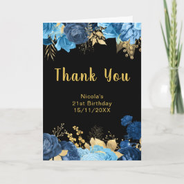 Cartão De Agradecimento Elegant Blue and Gold Flowers Birthday Party
