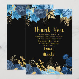 Cartão De Agradecimento Elegant Blue and Gold Flowers Sweet Sixteen