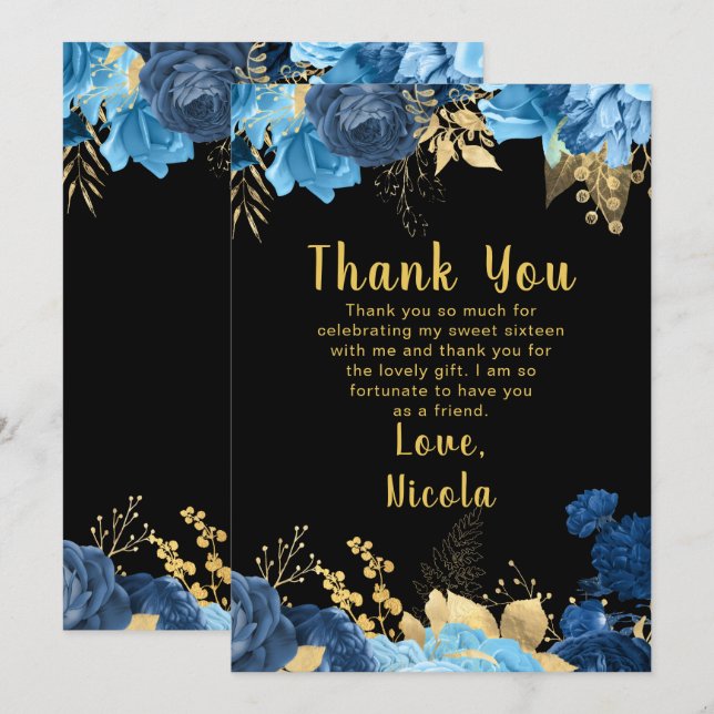 Cartão De Agradecimento Elegant Blue and Gold Flowers Sweet Sixteen (Frente/Verso)