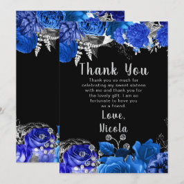 Cartão De Agradecimento Elegant Blue and Silver Flowers Sweet Sixteen