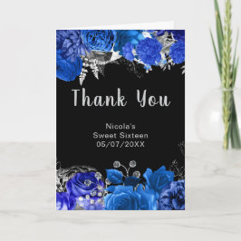 Cartão De Agradecimento Elegant Blue and Silver Flowers Sweet Sixteen