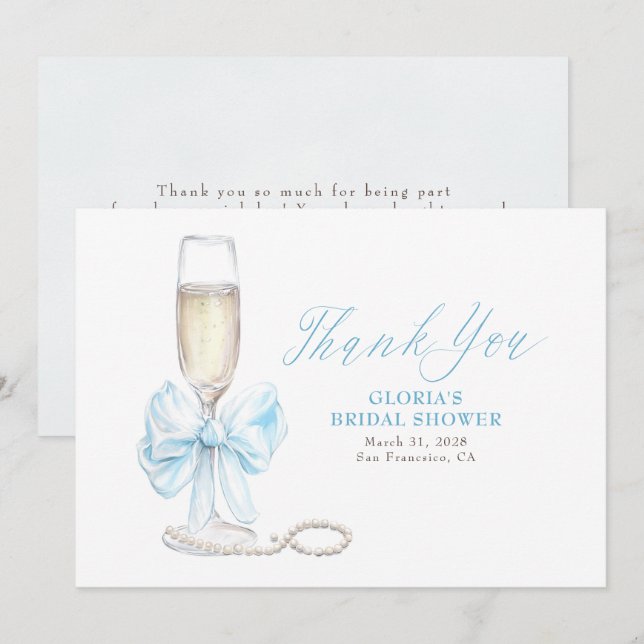 Cartão De Agradecimento Elegant Blue Bow Prosecco Bridal Shower Thank You (Frente/Verso)