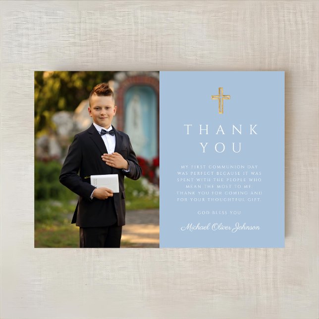 Cartão De Agradecimento Elegant Blue Cross Boy First Communion Photo (Elegant Blue Cross Boy First Communion Photo Thank You Card)