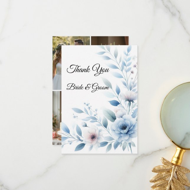 Cartão De Agradecimento Elegant Blue Floral Photo Thank you Card (Frente/Verso In Situ)