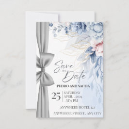 Cartão De Agradecimento Elegant Blue Floral Save The Date Card with Silver