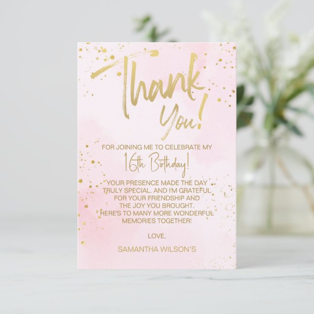 Cartão De Agradecimento Elegant Blush Pink & Gold Sweet 16 Thank You Card (Em pé/Frente)