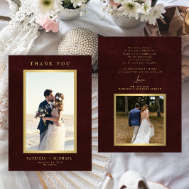 Cartão De Agradecimento Elegant burgundy gold photo wedding 