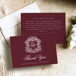 Cartão De Agradecimento Elegant Burgundy Monogram Crest Vintage Wedding 