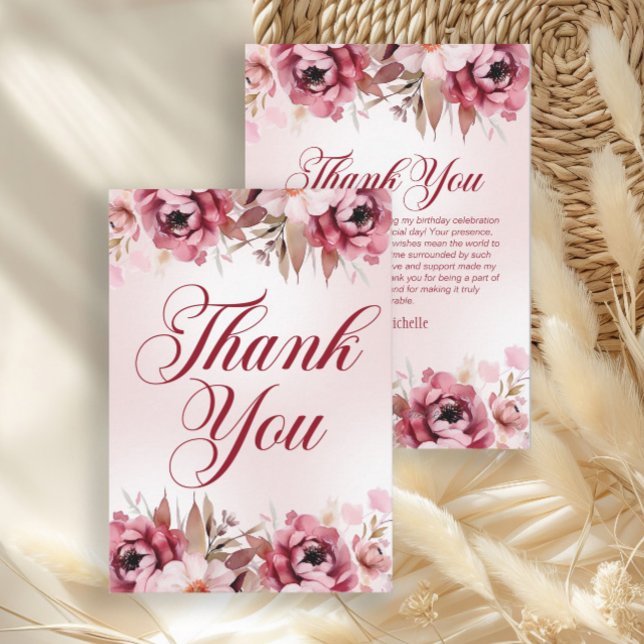 Cartão De Agradecimento Elegant Burgundy Pink Floral Birthday (Elegant pink floral birthday party thank you card)