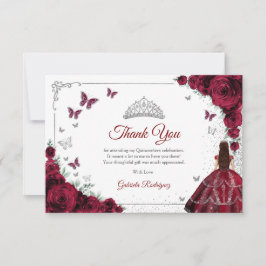 Cartão De Agradecimento Elegant Chic Burgundy Roses Silver Quinceanera