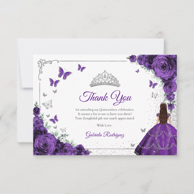 Cartão De Agradecimento Elegant Chic Purple Roses Silver Quinceanera (Frente)