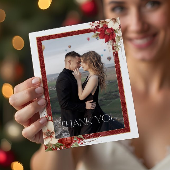 Cartão De Agradecimento Elegant Christmas Red Damask Floral (Criador carregado)