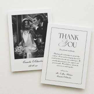 Cartão De Agradecimento Elegant Classic Black and White Wedding Photo