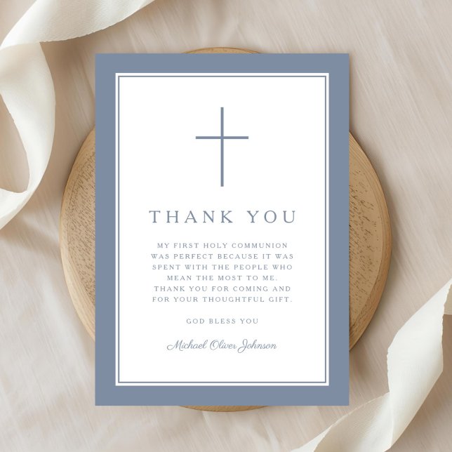 Cartão De Agradecimento Elegant Dusty Blue Cross Boy First Communion (Elegant Dusty Blue Cross Boy First Communion Thank You Card
)