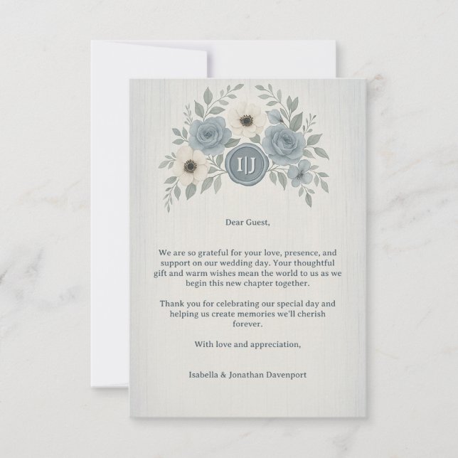 Cartão De Agradecimento Elegant Dusty Blue Floral Wax Seal Wedding (Frente)