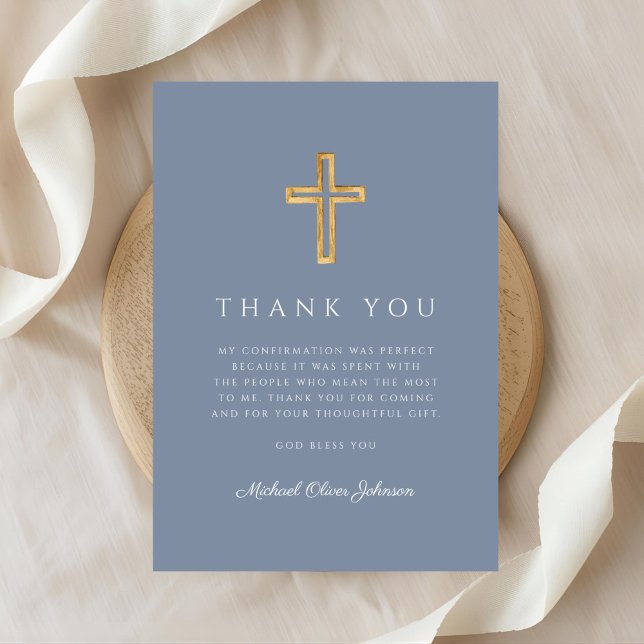 Cartão De Agradecimento Elegant Dusty Blue Religious Cross Confirmation (Elegant Dusty Blue Religious Cross Confirmation Thank You Card)