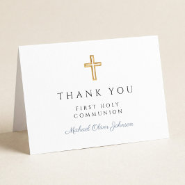 Cartão De Agradecimento Elegant Dusty Blue Script Boy First Communion 