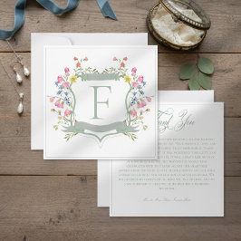Cartão De Agradecimento Elegant Dusty Sage Pastel Wildflower Crest Wedding
