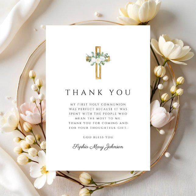 Cartão De Agradecimento Elegant Floral Cross Girl First Holy Communion (Elegant Floral Cross Girl First Holy Communion Thank You Card)