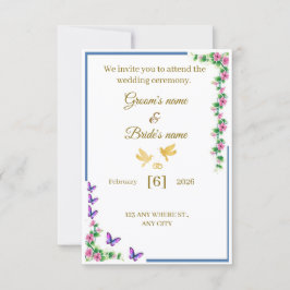 Cartão De Agradecimento Elegant Floral Wedding Invitation with Butterflies