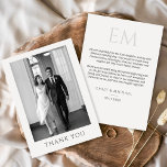 Cartão De Agradecimento Elegant Formal Wedding Photo Monogram Thank You<br><div class="desc">Express your gratitude in timeless style with this classic formal wedding thank you card. Featuring a refined black-and-white photo front and elegant serif typography, this design captures the grace and sophistication of your special day. The back includes a personalized thank-you message, monogram, and wedding date — printed on premium matte...</div>
