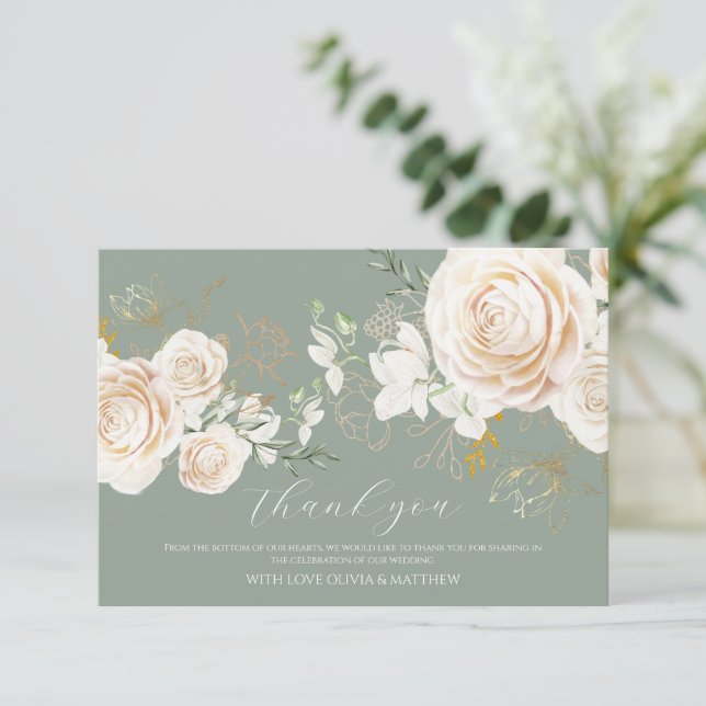 Cartão De Agradecimento Elegant Garden Roses Sage Green Gold Wedding (Em pé/Frente)