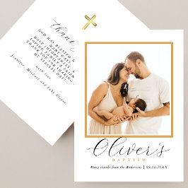 Cartão De Agradecimento Elegant Gold Cross Baby´s Baptism Photo Script