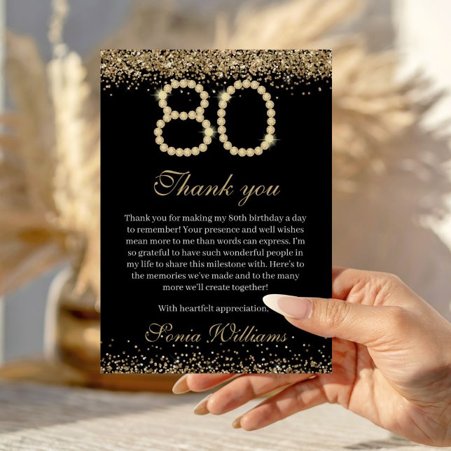 Cartão De Agradecimento Elegant Gold Diamonds 80th Birthday Thank You Card (Elegant  black and Gold 80th Birthday Thank you card)