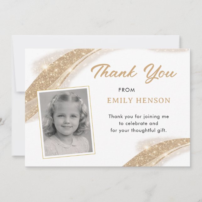 Cartão De Agradecimento Elegant Gold Glitter Photo Birthday (Frente)
