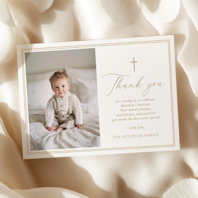 Cartão De Agradecimento Elegant Gold Script Baptism Flat Thank You Card (Criador carregado)
