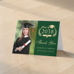 Cartão De Agradecimento Elegant Gold Script Photo Green Graduation<br><div class="desc">Elegant folded green graduation thank you card featuring your graduate's class year within a light gold crest composed of laurel wreath, grad cap and diploma, "Thank You" showcased in a formal gold calligraphy script, and their name and school in classic gold serif typography. On the inside, personalize your thank you...</div>