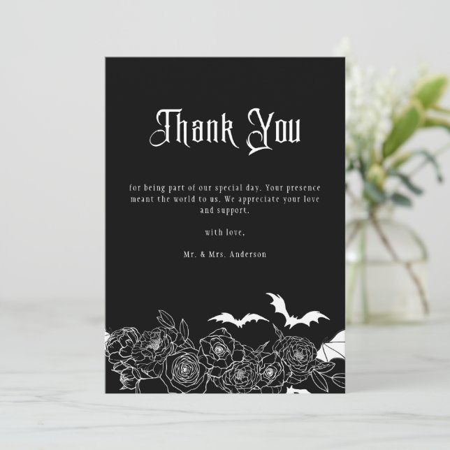Cartão De Agradecimento Elegant Gothic Floral Black Wedding Photo (Em pé/Frente)