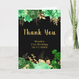 Cartão De Agradecimento Elegant Green and Gold Flowers Birthday Party
