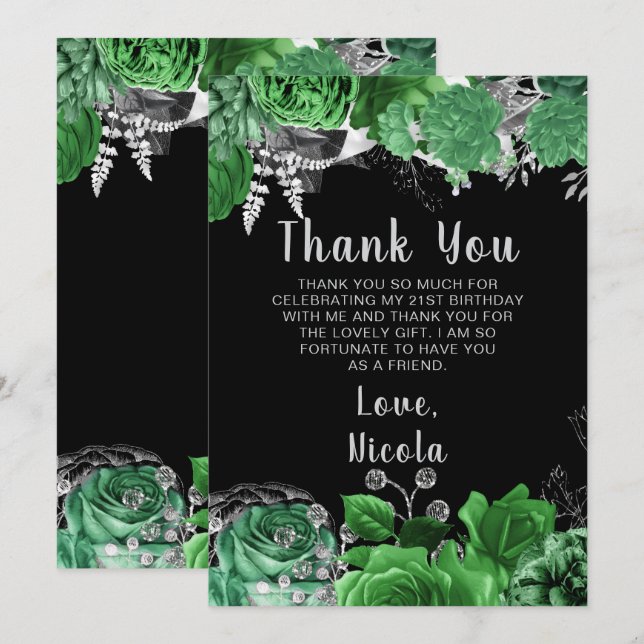 Cartão De Agradecimento Elegant Green and Silver Flowers Birthday Party  (Frente/Verso)