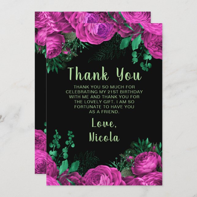 Cartão De Agradecimento Elegant Hot Pink Flowers Birthday Party (Frente/Verso)