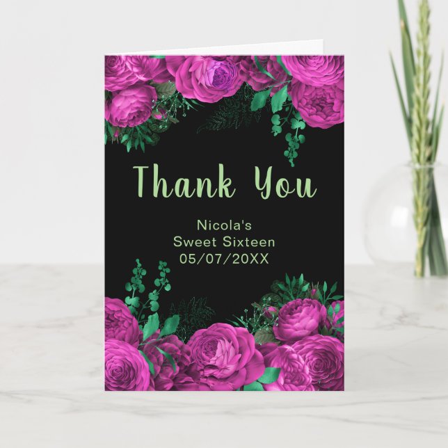 Cartão De Agradecimento Elegant Hot Pink Flowers Sweet Sixteen (Frente)
