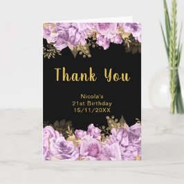 Cartão De Agradecimento Elegant Lilac and Gold Flowers Birthday Party