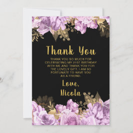 Cartão De Agradecimento Elegant Lilac and Gold Flowers Birthday Party