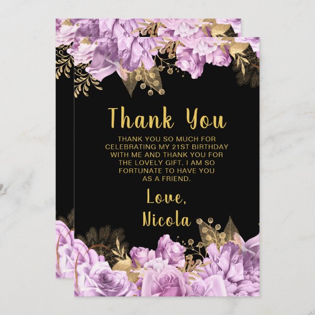 Cartão De Agradecimento Elegant Lilac and Gold Flowers Birthday Party (Frente/Verso)