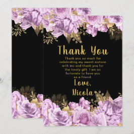 Cartão De Agradecimento Elegant Lilac and Gold Flowers Sweet Sixteen