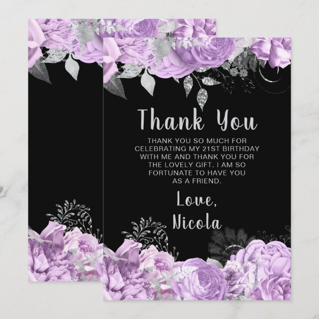 Cartão De Agradecimento Elegant Lilac and Silver Flowers Birthday Party (Frente/Verso)